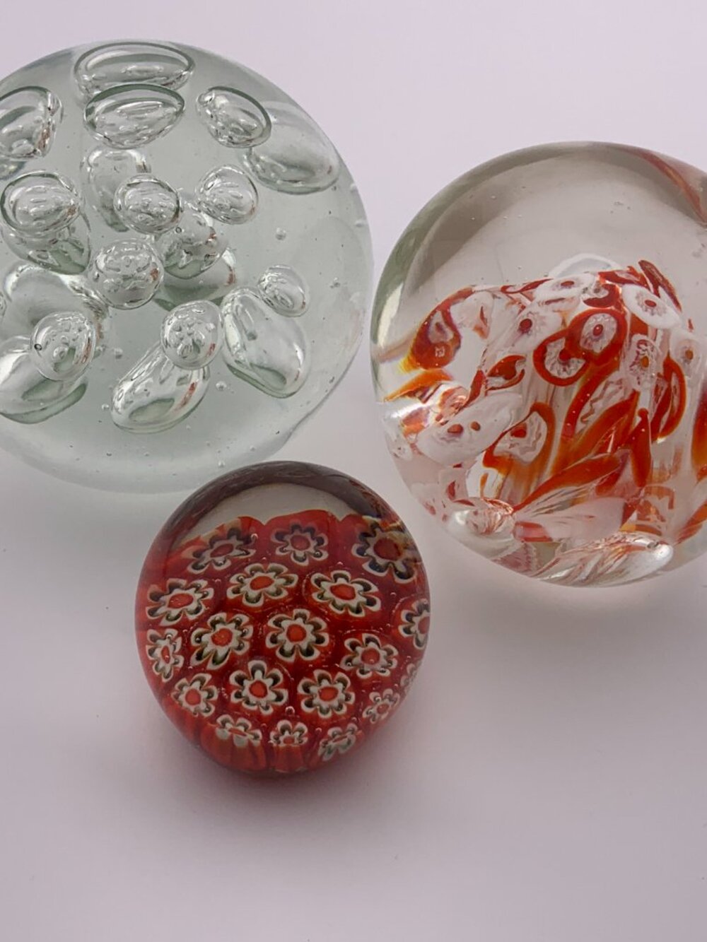 Clear Art Glass Paperweight Lot of 3 Bubble Sphere Heavy Desk Decor Clear Orange